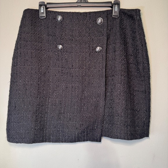 LOFT Dresses & Skirts - LOFT Black Tweed Mini Skirt Faux Wrap Crest Buttons Size 12 NEW